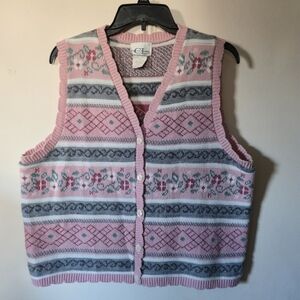 Large Vintage Floral Knit Women's Cardigan Vest Pink Gray Grandpa Grandma